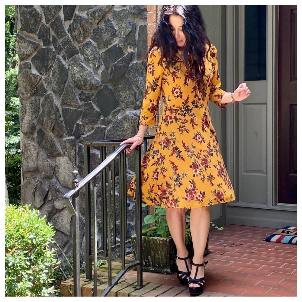 BEAUTIFUL MUSTARD FLORAL TIE NECK DRESS - Picture 2 of 11
